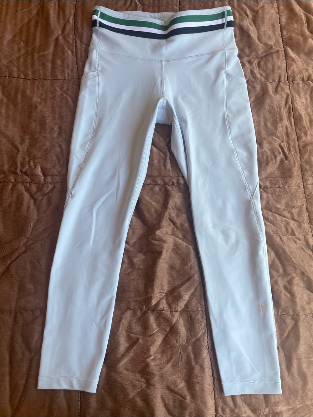 Athleta Lt Blue Interval Stash 7/8 Stripe Tight Hi-Waisted Leggings w/ Pockets!